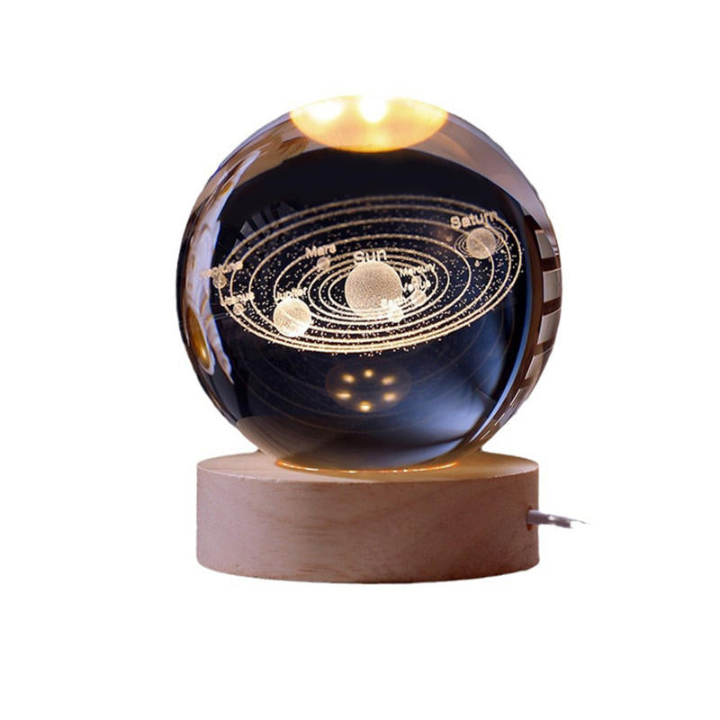 كرة كريستال مضيئة 3D بالمجموعة الشمسية بقاعدة خشب – 3D Solar System Crystal Ball Lamp with Wooden Base