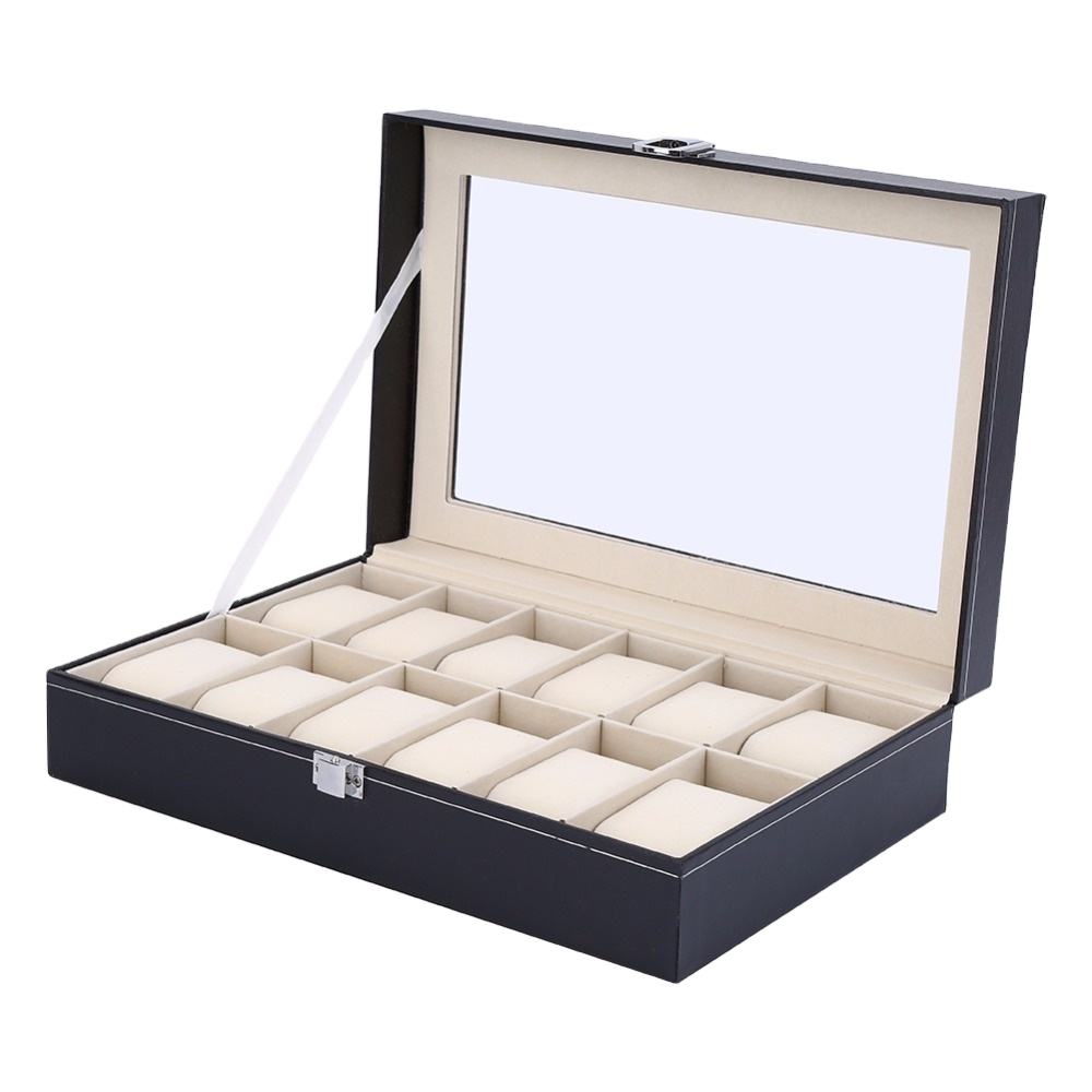 علبة ساعات جلد بغطاء زجاج، 12 ساعة – Leather Watch Box with Glass Lid, 12 Slots